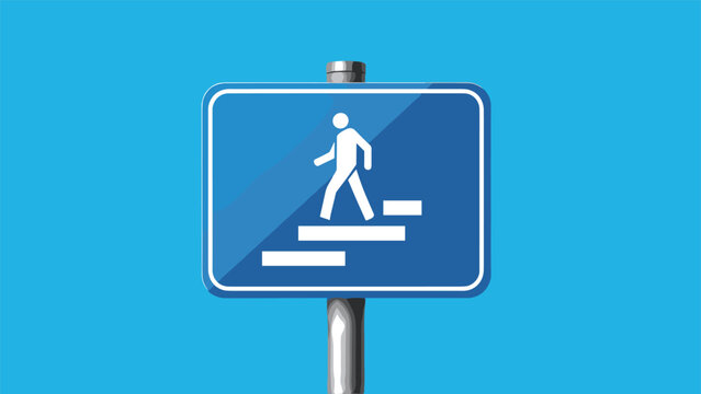 Blue rectangular road sign showing a white silhouette of a person walking down stairs on a metal post against a blue sky.