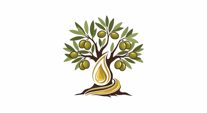 Olive tree with ripe olives and golden oil drip graphic