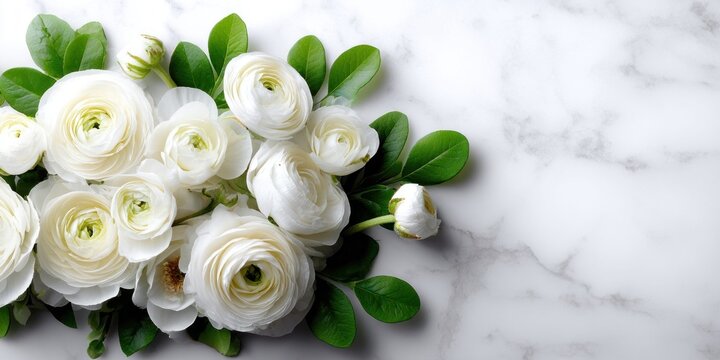 Elegant white ranunculus flowers with green leaves arranged on a marble surface