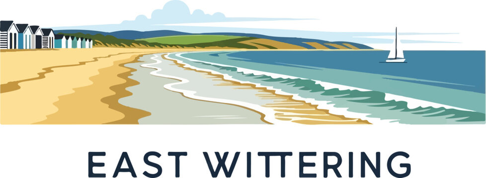 Seaside scene with colorful beach huts, rolling hills, ocean, and sailboat