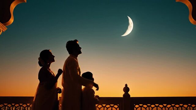 Chandra Darshan, A silhouette of a family standing together on a balcony, their faces softly illuminated by a warm rim light, 