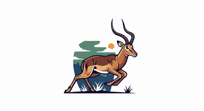 Stylized impala gazelle running through savanna landscape at sunset