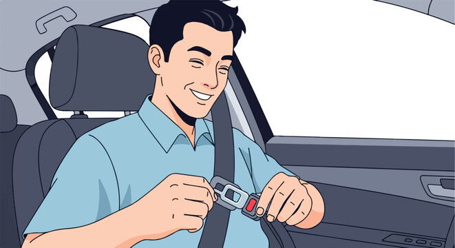 A man smiling as he buckles his seatbelt inside a car