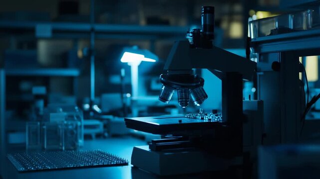 Optical microscope standing on a laboratory table with multiple vials and light illuminating the samples, symbolizing scientific research, discovery, and biotechnological advancement