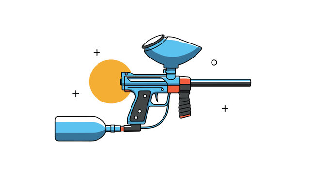 Blue paintball gun illustration with a large hopper and air tank set against a minimalist background with a yellow sun.