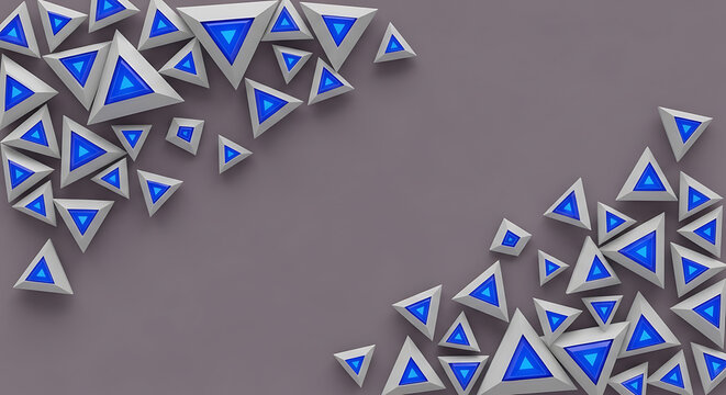 Abstract geometric blue glowing tetrahedrons and pyramids scattered on neutral background for technology concepts with geometric shapes