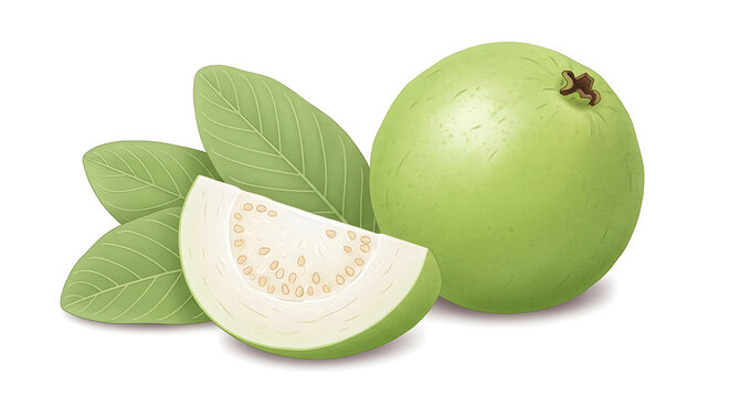 Fresh green guava fruit with a slice and leaves isolated on white background for healthy tropical food concepts with vitamin c