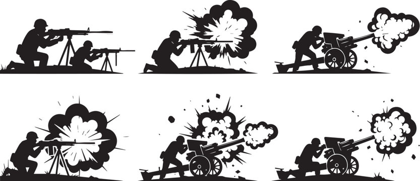 Silhouette soldiers firing machine guns and cannons with explosions military combat battle