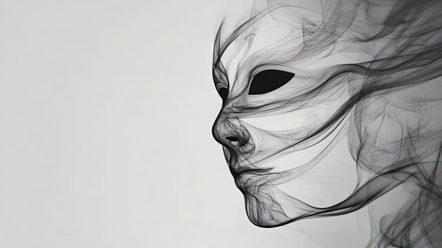 Abstract representation of human face with smoke-like, ethereal lines and dark eye sockets