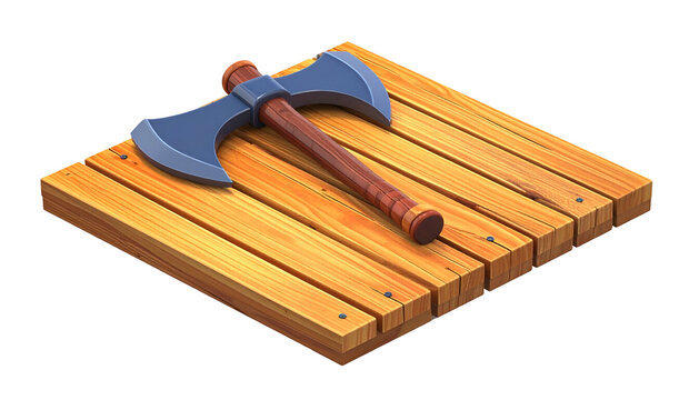 Cartoon style battle axe on wooden planks; isometric axe asset on a timber surface
