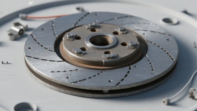 Close-up view of a ventilated brake disc with drilled slots and mounting hardware