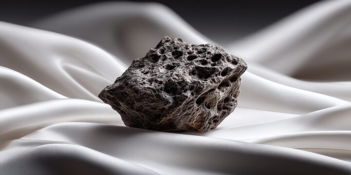 Porous dark rock specimen resting on luxurious white satin fabric with soft lighting
