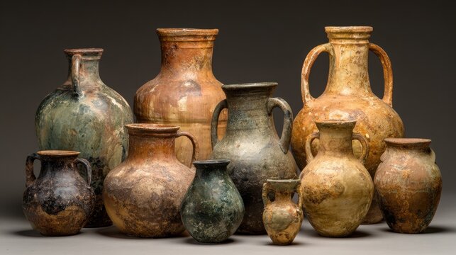Assorted ancient clay jars displayed on neutral studio backdrop