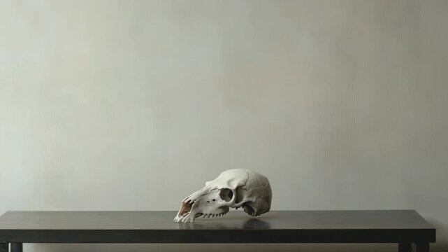 Animal skull on wooden table against muted background