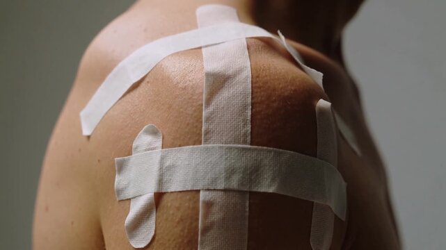 Male figure with multiple adhesive bandages applied to shoulder area, showcasing gradual changes in bandage positioning against a neutral background