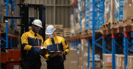 Warehouse workers reviewing inventory data using tablet and clipboard, stock inspection and audit process in storage facility, logistics operation, supply chain management and teamwork concept. © eakgrungenerd