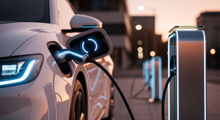 Naklejka premium Electric car charging at urban station with glowing blue lights