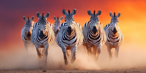 Naklejka premium Herd of zebras running through dust against a colorful sunset sky