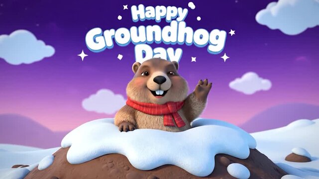 A cute cartoon groundhog emerges from its snowy burrow on a winter day, celebrating a special occasion
