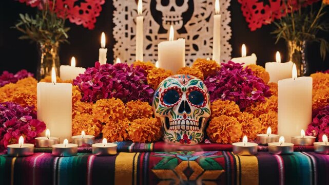Mexican Day of the Dead altar arrangement with a hand-painted ceramic calavera skull, orange marigolds, purple flowers, and burning white candles on a colorful woven textile background.