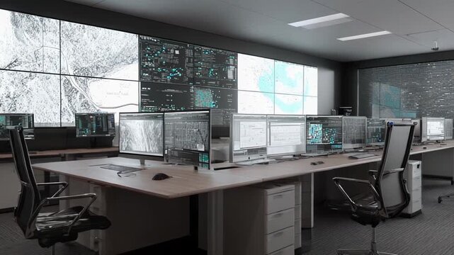 Modern control room interior featuring multiple monitors and a large video wall showing various data displays, satellite imagery, and complex information systems for real time monitoring
