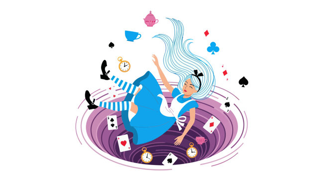 Alice in Wonderland Falling Down Rabbit Hole with Playing Cards and Clocks