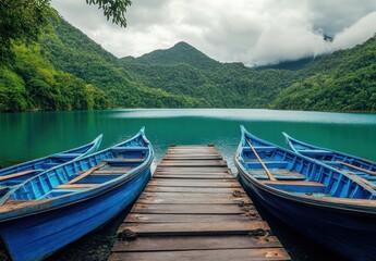 Obraz premium Blue Wooden Rowboats Moored at Dock on Tranquil Mountain Lake Surrounded by Lush Green Forest