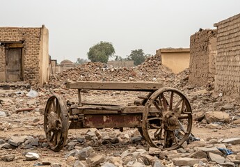 Obraz premium Abandoned Wooden Cart Amid Rubble and Destroyed Buildings in Devastated Village