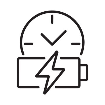A black and white outline depicting a clock above a charging battery