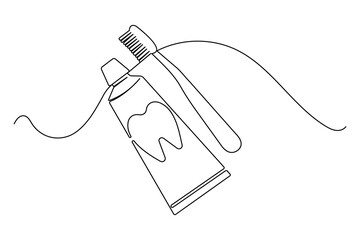 Fototapeta premium Toothpaste tube with a tooth symbol and toothbrush in a creative one line art illustration style