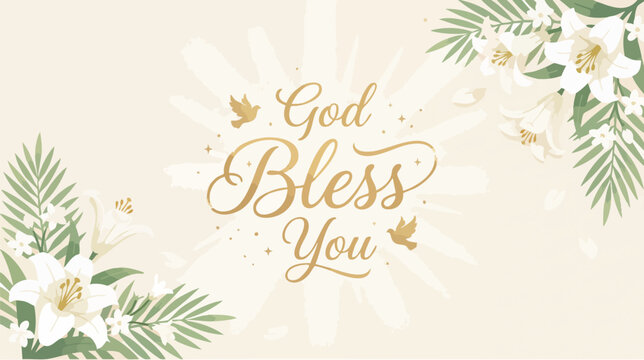 God Bless You Greeting Card Design, Floral Elements, Digital Illustration, Soft Colors