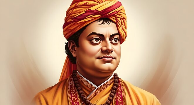 Detailed portrait of Swami Vivekananda in traditional saffron robe and turban attire against a minimalist soft beige background showcasing serene spiritual expression and historical wisdom.
