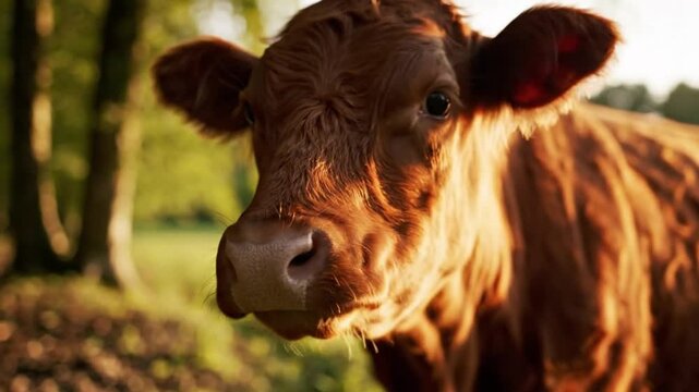 Portrait of a young brown cow in golden hour sunlight