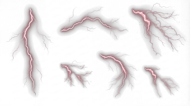 Realistic photograph of multiple dynamic electrical lightning strikes, isolated on a transparent background.