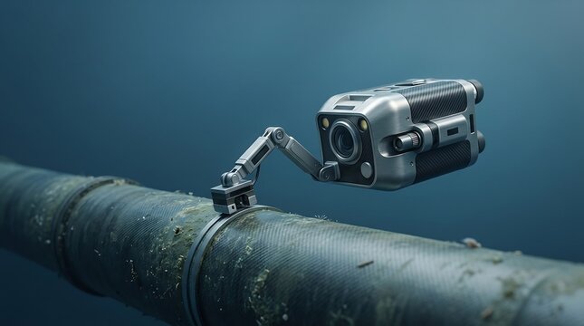 Underwater drone camera inspecting submerged pipeline. Robotic device capturing video of industrial oil pipe on sea floor. Marine infrastructure maintenance and subsea survey technology.