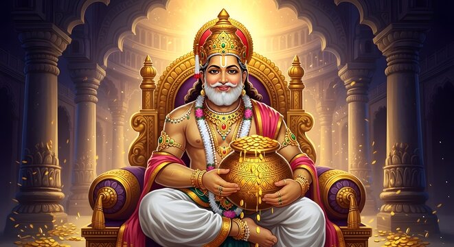 Majestic portrait of Lord Kubera, the Hindu deity of prosperity and divine wealth, smiling benevolently while holding a golden pot overflowing with coin in a sacred spiritual setting.
