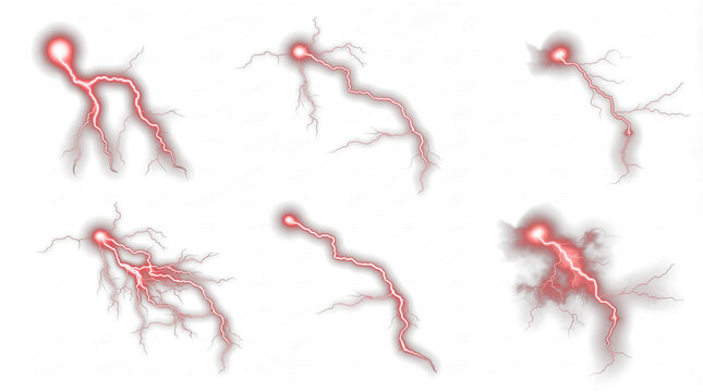 Set of six realistic red lightning bolts isolated on a transparent background, perfect for digital overlay effects.