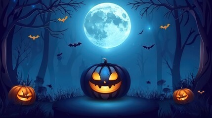 Fototapeta premium Eerie pumpkins glow under a full moon, surrounded by dark trees and flying bats in a spooky night scene