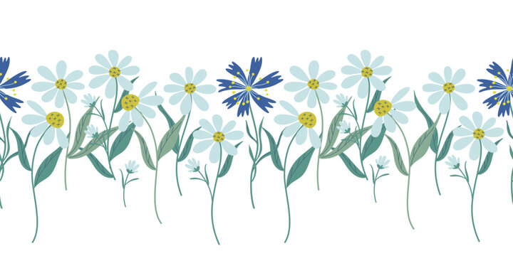 Wildflowers horizontal banner with cornflowers and chamomiles. Beautiful floral seamless pattern. Summer or Spring background. Cute natural border. Hand drawn flat design vector illustration.