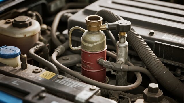 Close-up view of a car engine compartment featuring a red and silver canister connected to hoses and mechanical components.