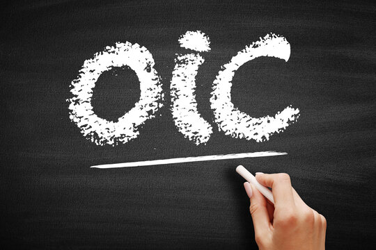 OIC text written in chalk on a chalkboard. Slang acronym for oh I see, representing understanding, realization, and acknowledgement in informal chat messaging