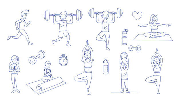 Kids Fitness Doodle Illustration Set Children Exercise, Running, Yoga and Workout Line Art Collection