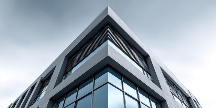 Modern concrete building corner with reflective glass windows against a clear sky
