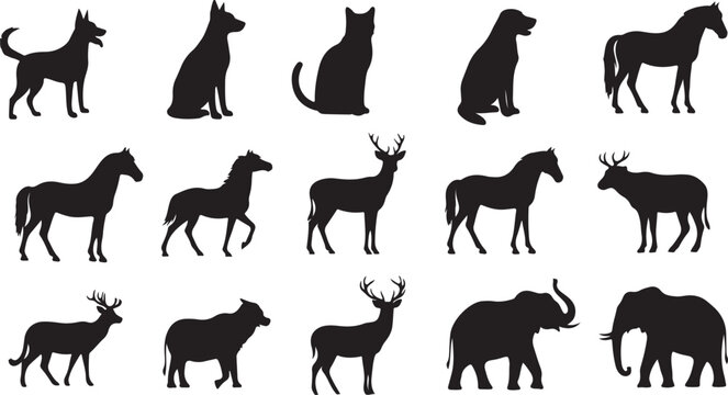 Collection of animal silhouettes including dog, Cat, Horse, Deer, And elephant icons