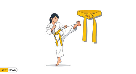 Fototapeta premium Karate girl performing high kick with yellow belt, isolated on white background