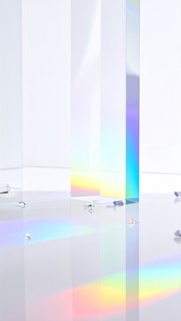 Prismatic Light Refraction Through Glass Prisms Creates Rainbow Spectrum on White Background