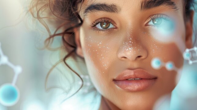 Conceito cient&iacute;fico de skincare e antienvelhecimento: Close-up de uma linda mulher com pele radiante e mol&eacute;culas 3D azuis flutuantes representando pept&iacute;deos, exossomos e hidrata&ccedil;&atilde;o celular