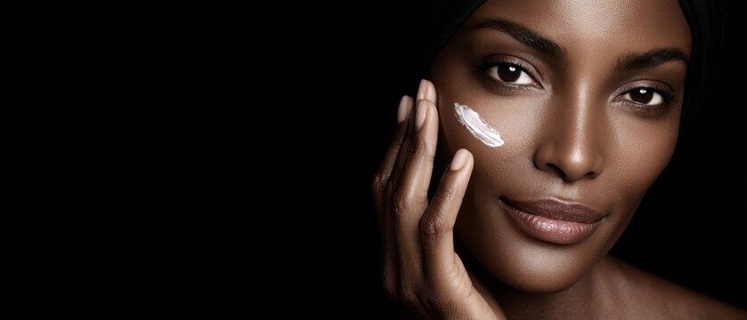 Retrato de beleza de uma linda mulher negra brasileira aplicando creme hidratante no rosto. Fundo preto com espa&ccedil;o para texto para an&uacute;ncio de cosm&eacute;ticos e skincare de luxo
