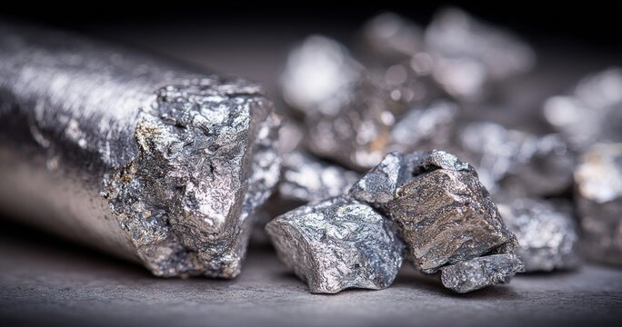 Close-up macro shot of raw, unrefined platinum nuggets and a metal bar