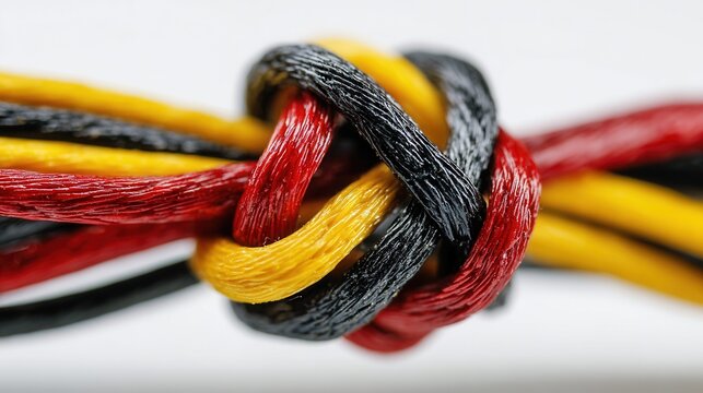 Close-up macro shot of a knot made from red, yellow, and black wires, symbolizing connection